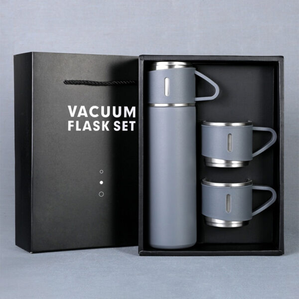 Coffret Cadeau Thermos en Acier Inoxydable + 2 Tasses de Luxe Gris