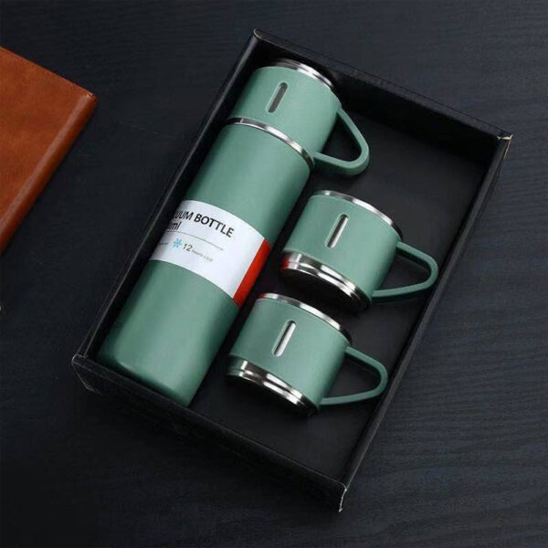 Coffret Cadeau Thermos en Acier Inoxydable + 2 Tasses de Luxe Vert