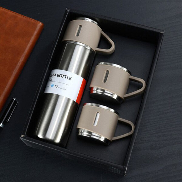 Coffret Cadeau Thermos en Acier Inoxydable + 2 Tasses de Luxe Beige