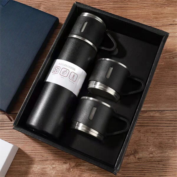 Coffret Cadeau Thermos en Acier Inoxydable + 2 Tasses de Luxe Noir