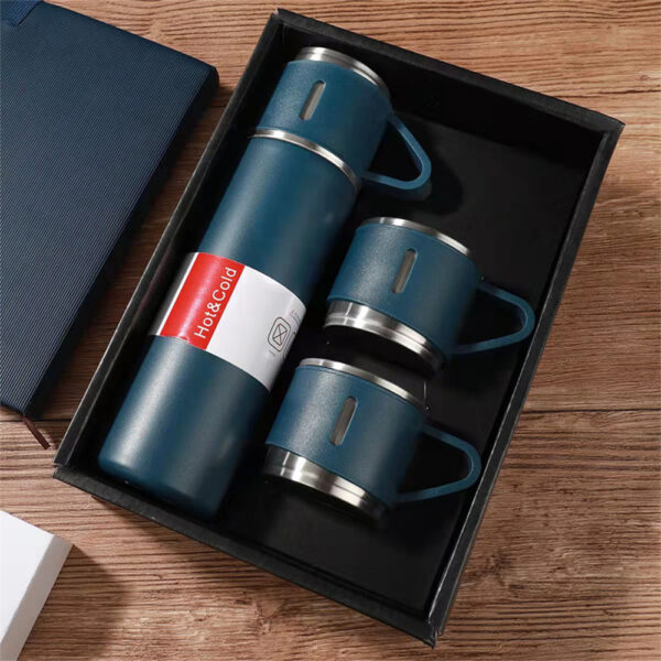 Coffret Cadeau Thermos en Acier Inoxydable + 2 Tasses de Luxe Bleu