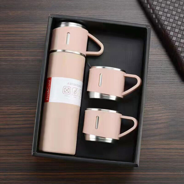 Coffret Cadeau Thermos en Acier Inoxydable + 2 Tasses de Luxe Rose