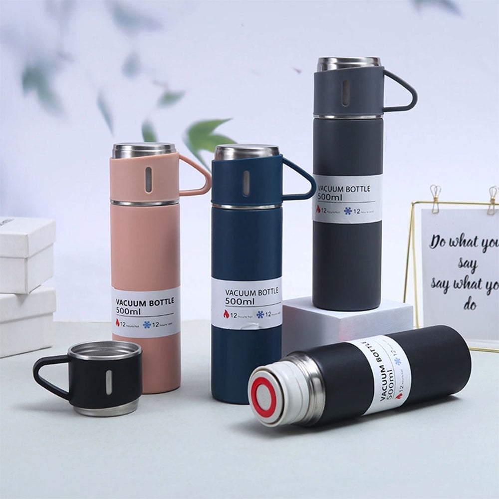 Coffret Cadeau Thermos en Acier Inoxydable + 2 Tasses de Luxe Rose 