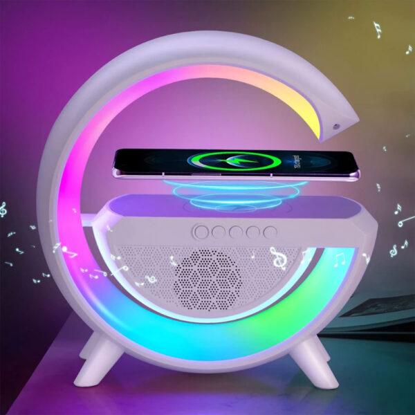 Station Multifonction Rechargeable: Chargeur Sans Fil, Haut-Parleur Bluetooth, Éclairage RGB, Radio