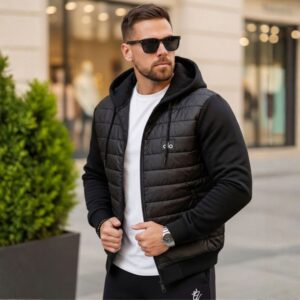 Veste Capuche Zippée Matelassée avec Manches et Dos en Molleton - Noir