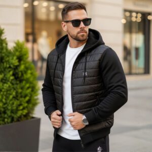 Veste Capuche Zippée Matelassée avec Manches et Dos en Molleton - Noir