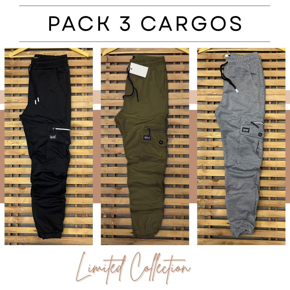 Pack 3 Pantalons Cargo - (Noir, Vert Militaire, Gris Chiné) REF0030