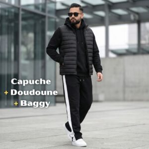 Ensemble Demi-Oversize NOIR : Capuche + Baggy à Bande + Doudoune Matelassée REF0054