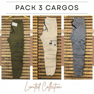 Pack 3 Pantalons Cargo - (Vert Militaire, Ecru, Gris Chiné) REF0053