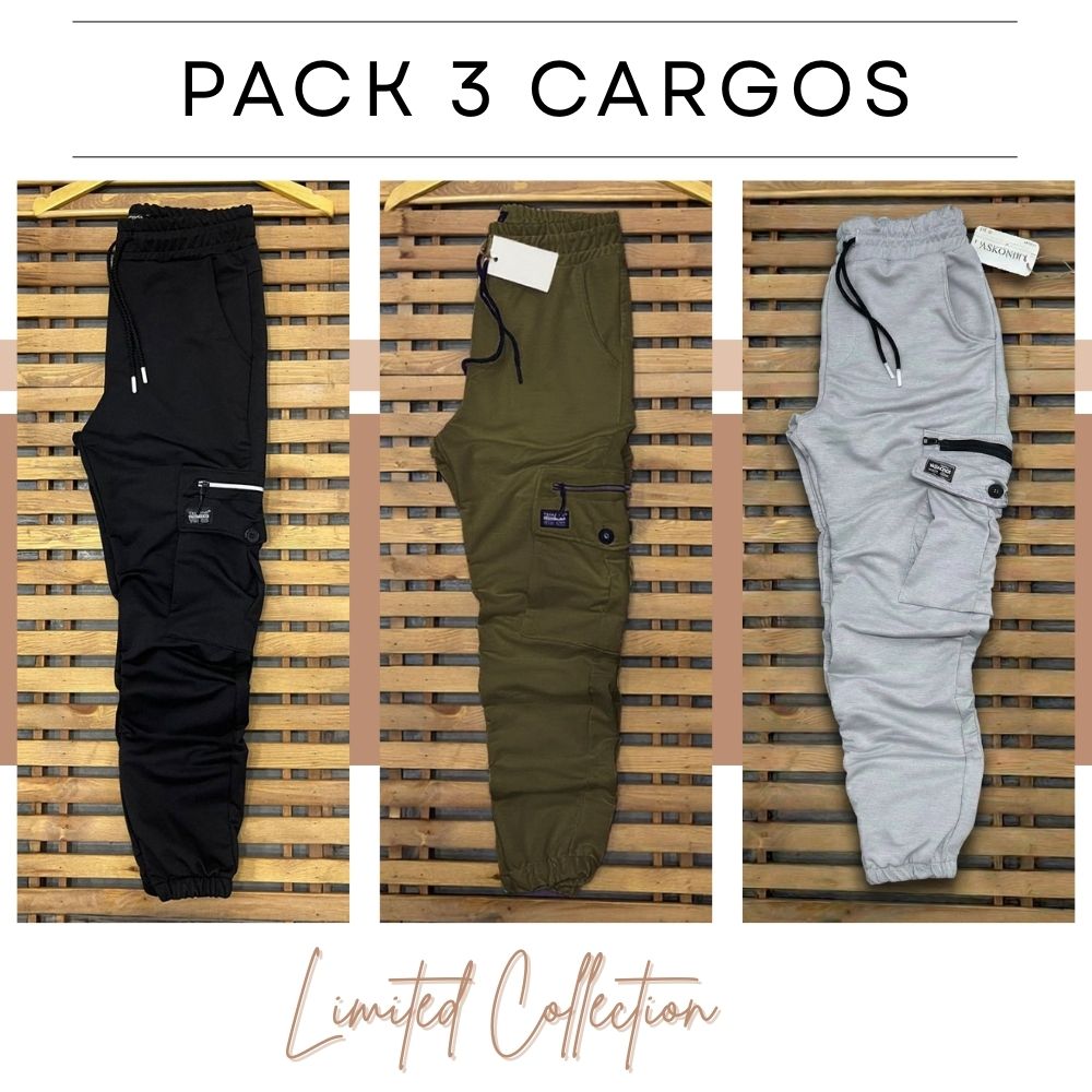 Pack 3 Pantalons Cargo - (Noir, Vert Militaire, Gris Claire) REF0056