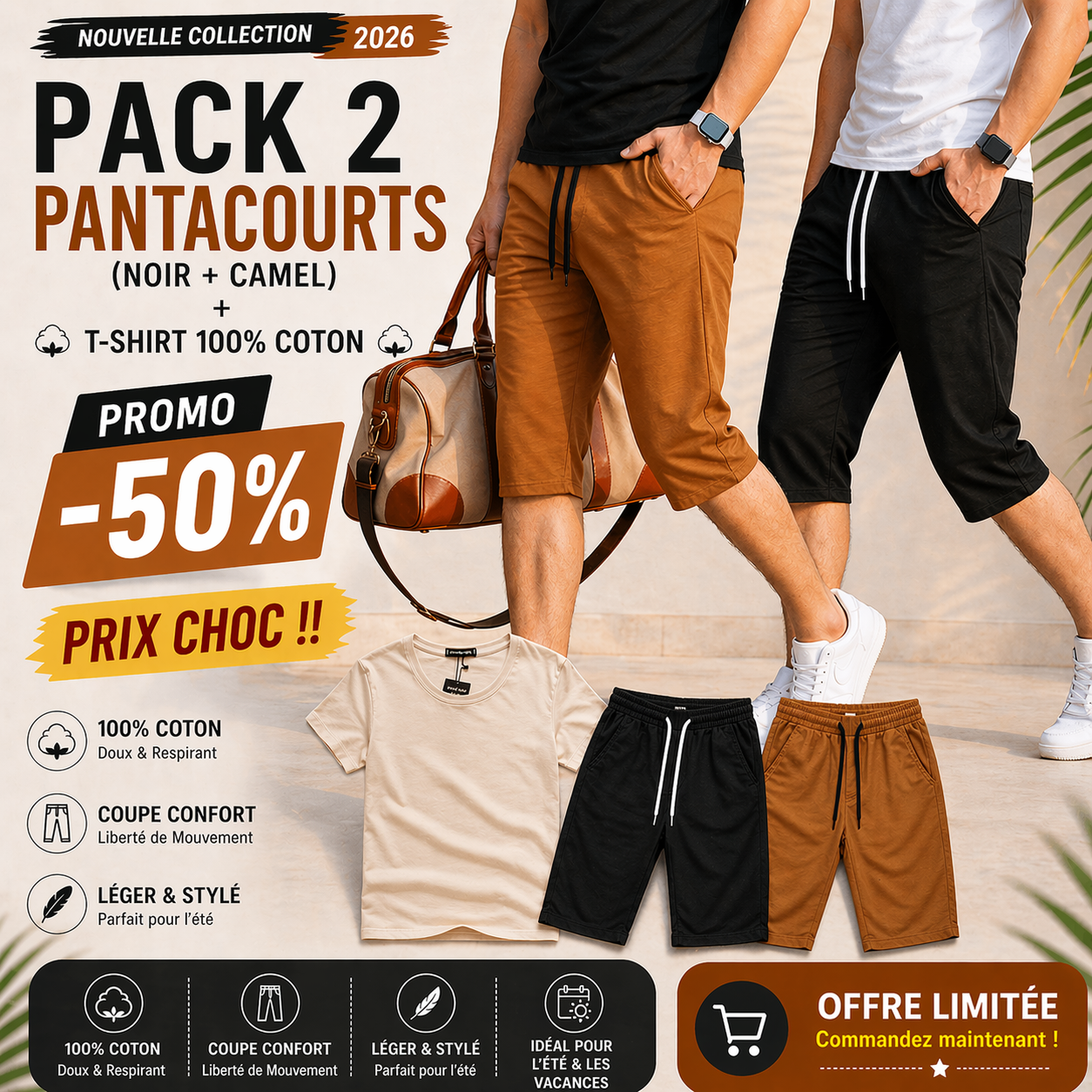 Pantacourt Homme Noir et T-shirt