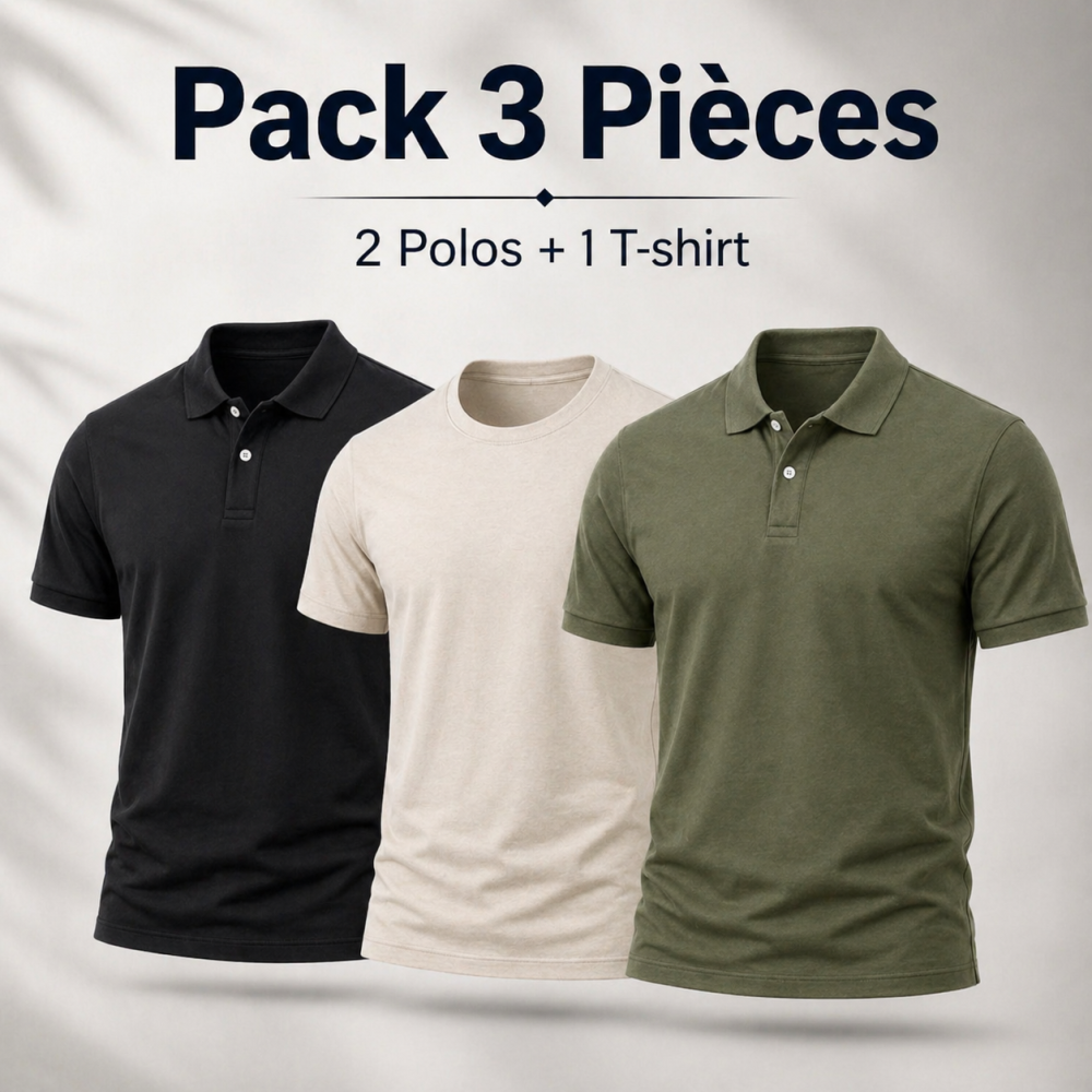 Pack 3 Polos Homme Blanc Gris Bleu Marine