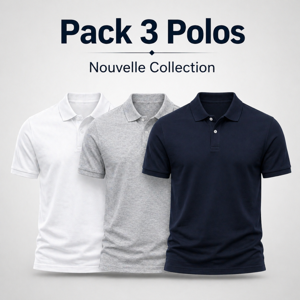Pack 3 Polos Homme Blanc Gris Bleu Marine
