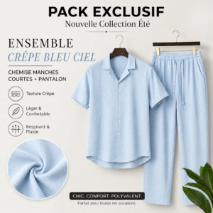 Ensemble Crepe Froissé – Confort & Style – Bleu Ciel
