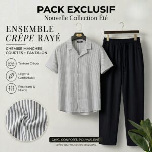Ensemble Crepe Froissé – Confort & Style – Rayé Noir
