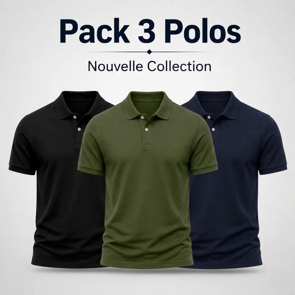 Pack 3 Polos Homme Blanc Gris Bleu Marine