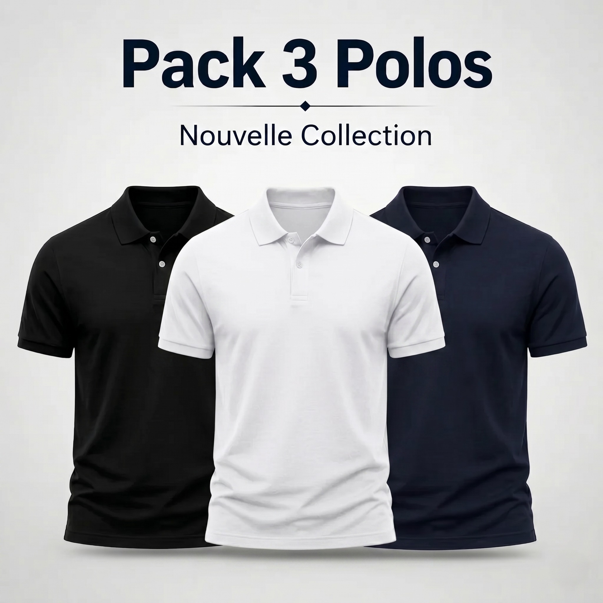 Pack 3 Polos Homme Blanc Gris Bleu Marine