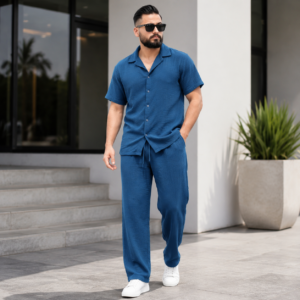 Ensemble Crepe Froissé – Chemise & Pantalon – Bleu Dengri