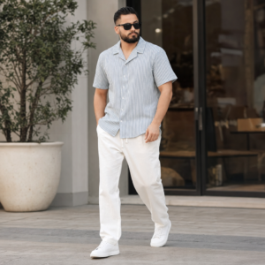 Ensemble Crepe Froissé – Confort & Style – Rayé Bleu / Blanc Cassé