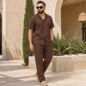Ensemble Crepe Froissé – Confort & Style – Marron